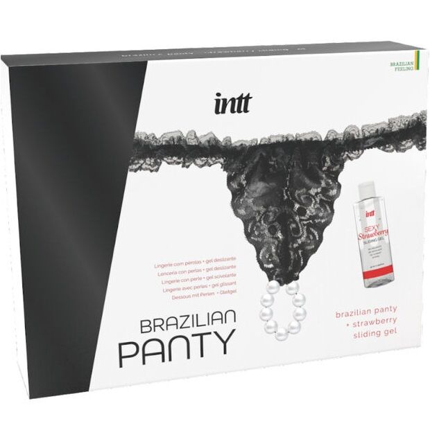 INTT RELEASES - BLACK BRAZILIAN PANTY WITH PEARLS AND LUBRICATING GEL 50 ML