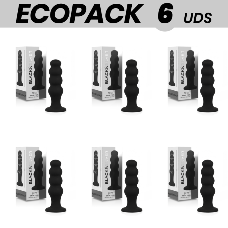 ECOPACK 6 UNITS - BLACK&SILVER SCOTT ANAL PLUG PREMIUM SILICONE BLACK