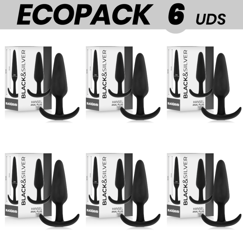 ECOPACK 6 UNITS - BLACK&amp;SILVER HANSEL SILICONE ANAL PLUG WITH SMALL HANDLE OR