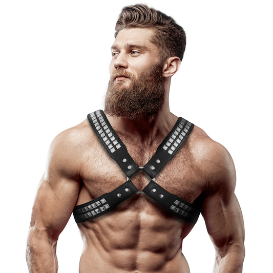 FETISH SUBMISSIVE ATTITUDE - MEN&#39;S CROSSED CHEST ECO-LEATHER HARNESS WITH RIVETS