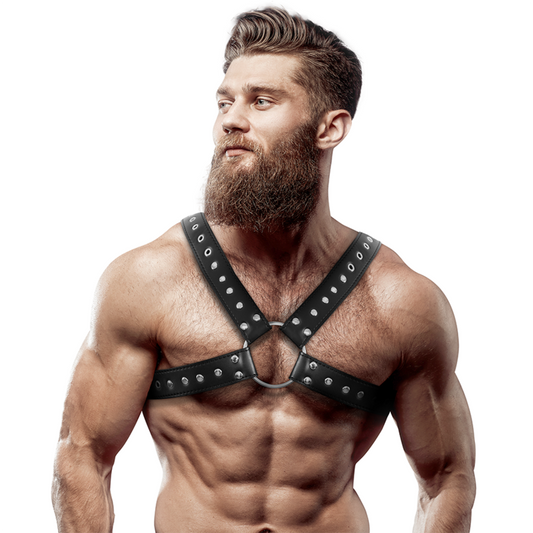 FETISH SUBMISSIVE ATTITUDE - MEN&#39;S CROSS-OVER ECO-LEATHER CHEST HARNESS WITH STUDS