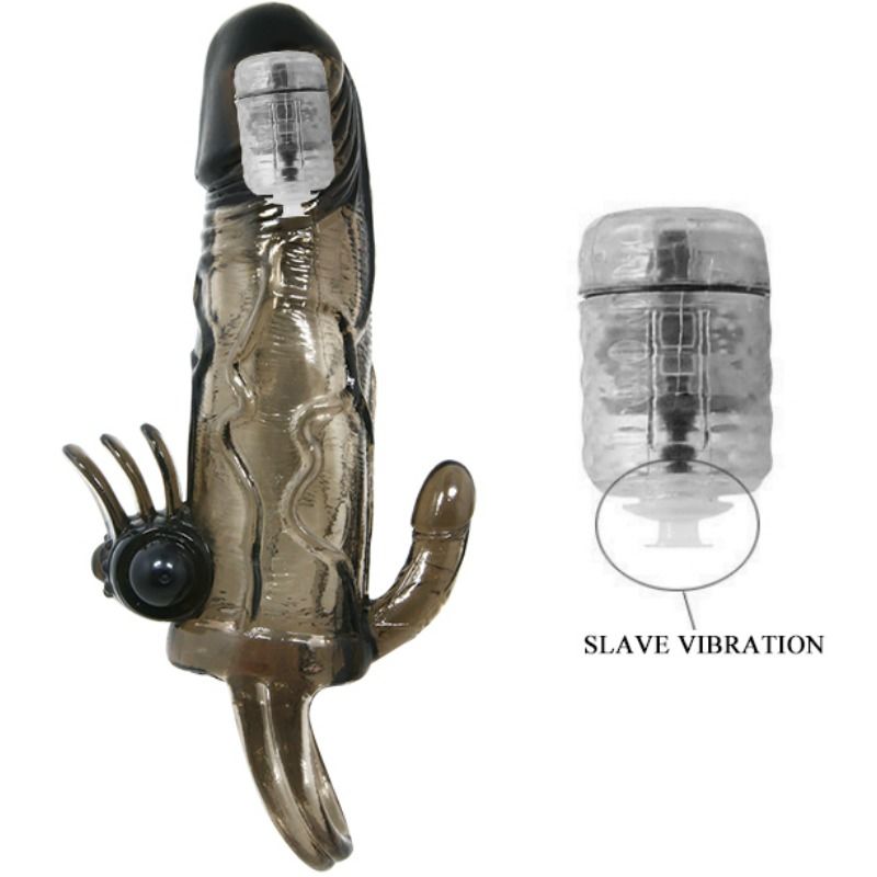 BRAVE MAN PENIS COVER WITH CLIT AND ANAL STIMULATION DOUBLE BULLET BLACK 16.5 CM